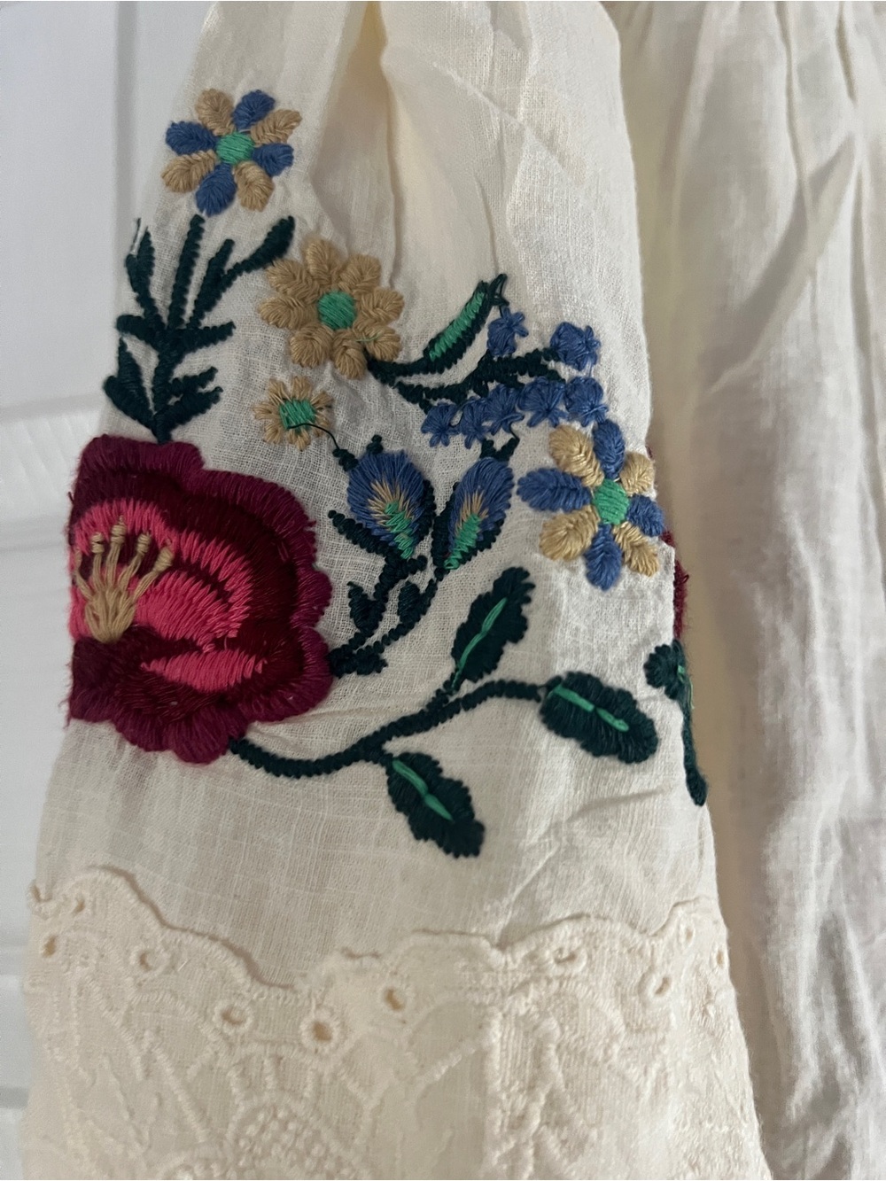 Embroidered Cream Peasant Blouse with Lace Trim - Picture 13 of 13